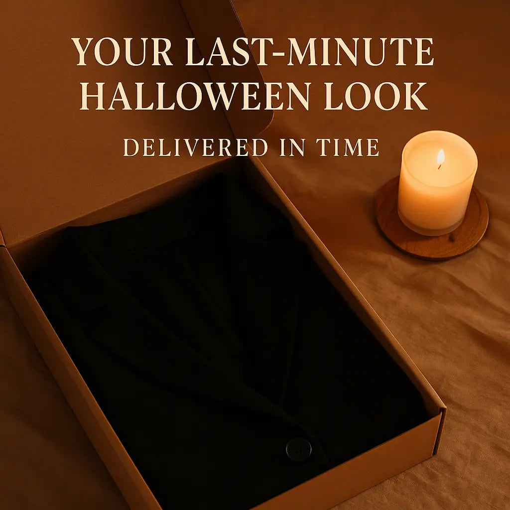 “Minimalist black outfit folded in delivery box beside candle – Klenye Halloween express.”