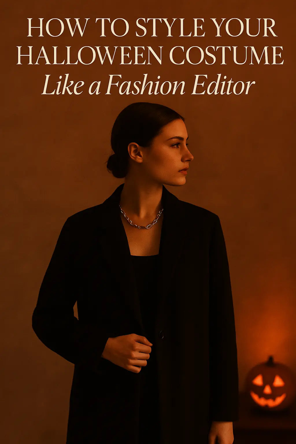 “Editorial-style Halloween fashion photo with woman in black coat and silver necklace – Klenye.”