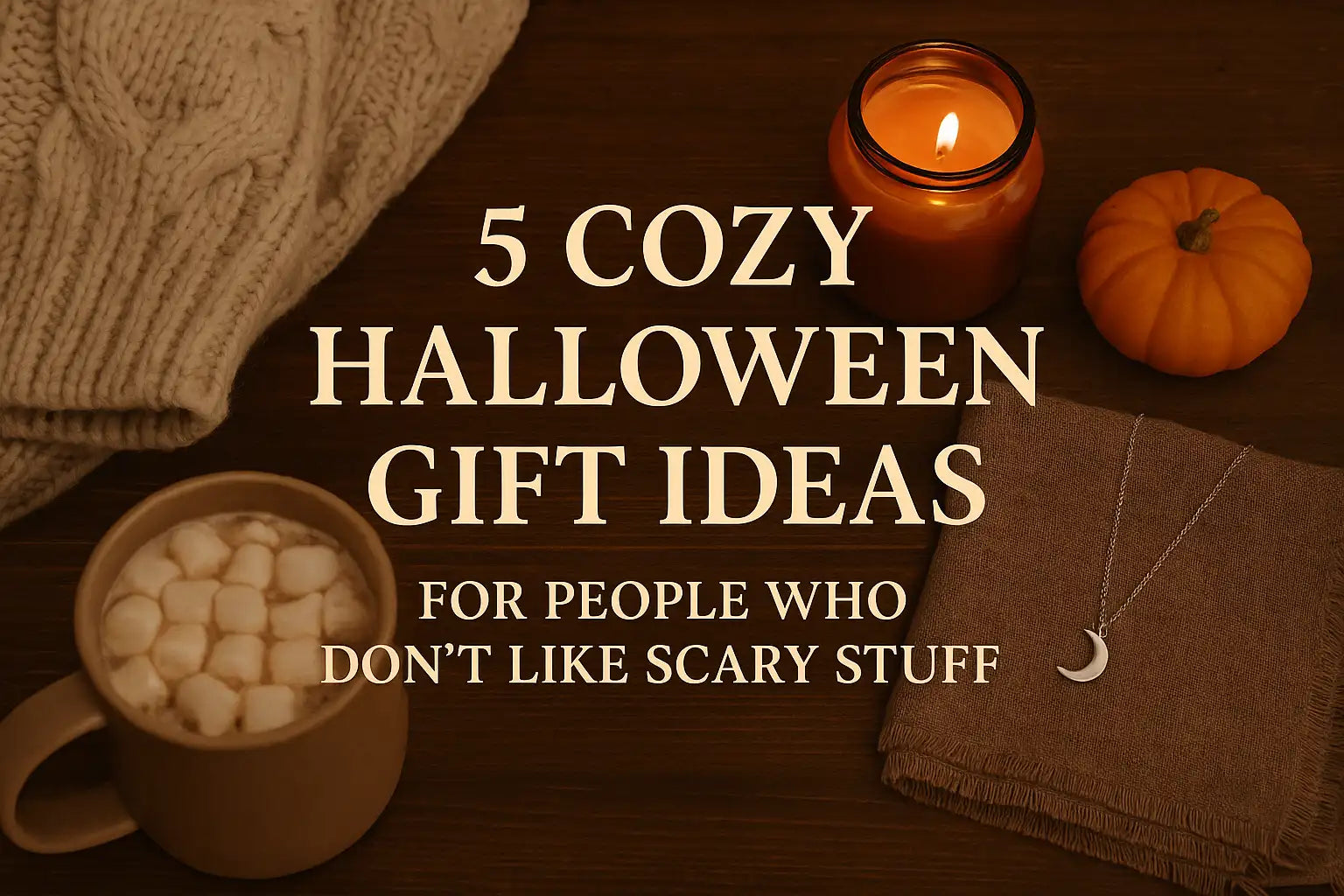 “Cozy Halloween flat-lay with candle, sweater, cocoa mug, and small pumpkin – Klenye lifestyle.”