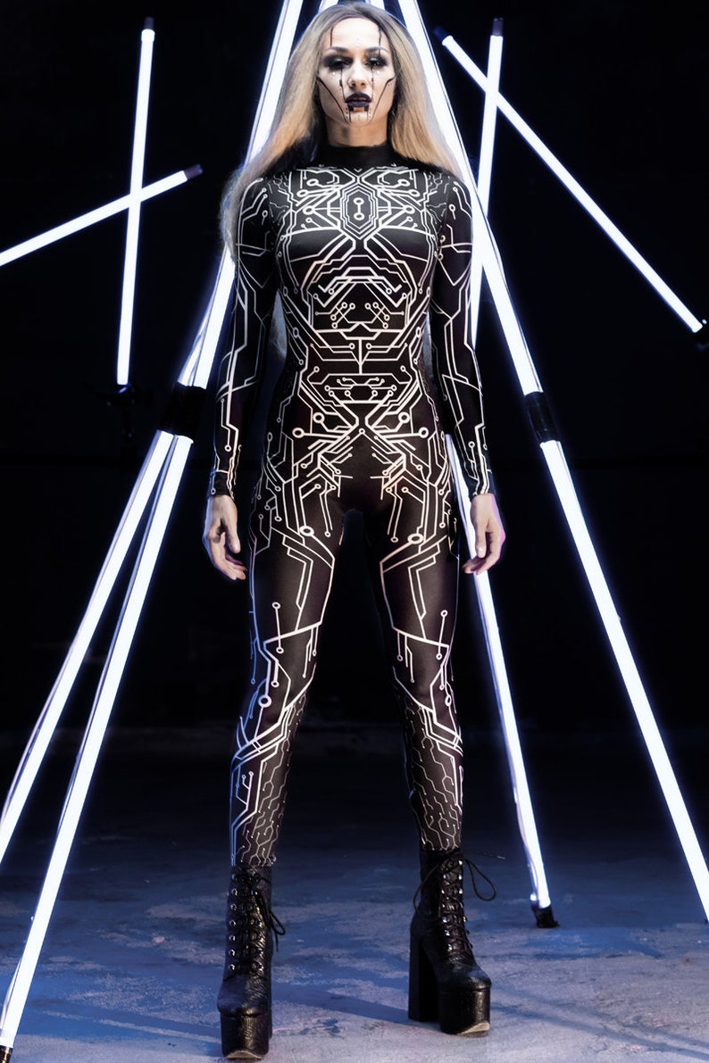 Inferno Circuit Bodysuit – Women’s Futuristic 3D Cyberpunk Costume
