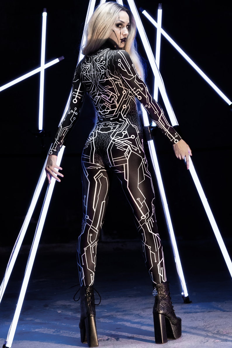 Inferno Circuit Bodysuit – Women’s Futuristic 3D Cyberpunk Costume