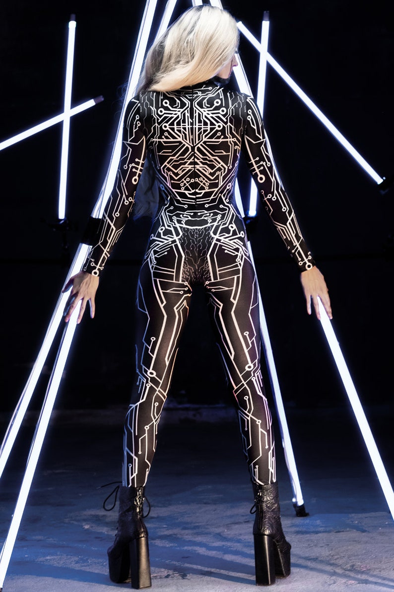 Inferno Circuit Bodysuit – Women’s Futuristic 3D Cyberpunk Costume